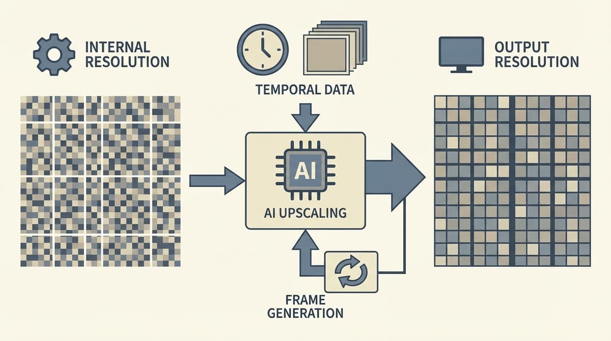 Conceptual diagram of how modern AI-based upscaling and frame generation work.