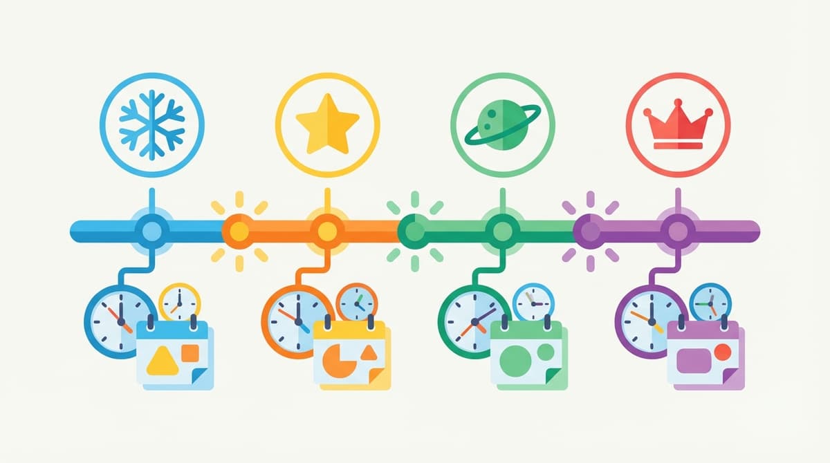 Stylized timeline of seasonal live events with global times.