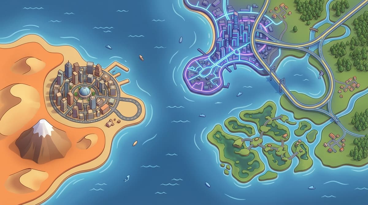 Side-by-side illustration of smaller versus larger and denser open-world game maps.