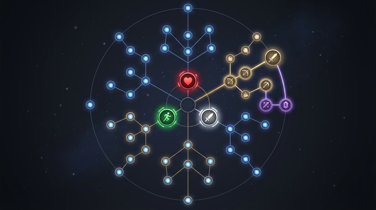 Diagram of an Abyss Artifact-based skill tree with core and branching nodes.