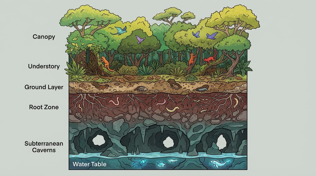 Ecosystem cross-section illustrating habitat strata and creature niches.