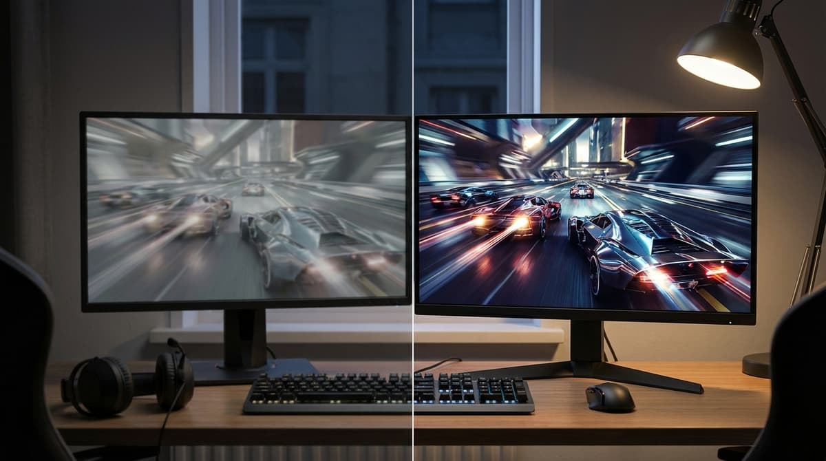 Side-by-side visual comparison of lower-refresh vs high-refresh HDR monitor performance.