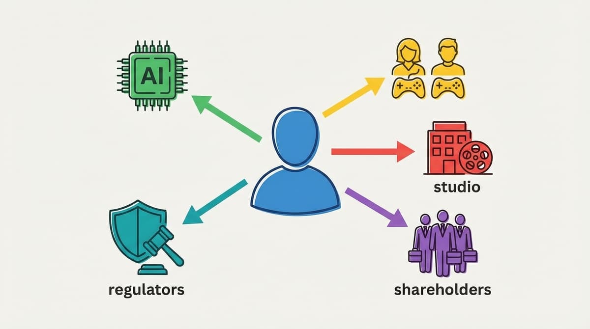 Diagrammatic depiction of stakeholders and ethical relationships around AI in gaming.