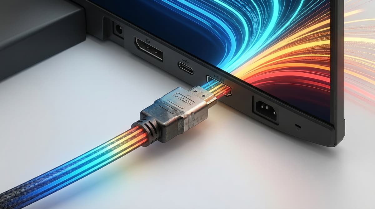 Close-up visualizing high-bandwidth HDMI connection delivering 4K@120Hz signal.