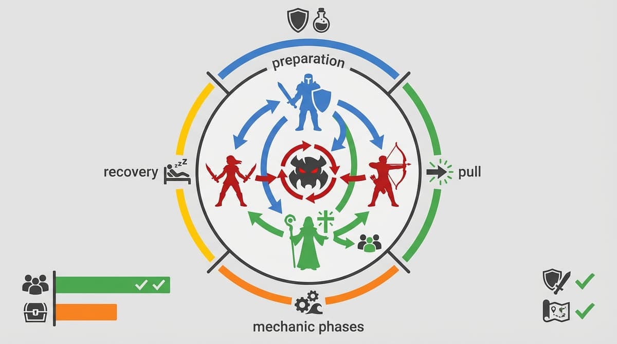 Diagrammatic overview of raid flow and player roles (icon-only).