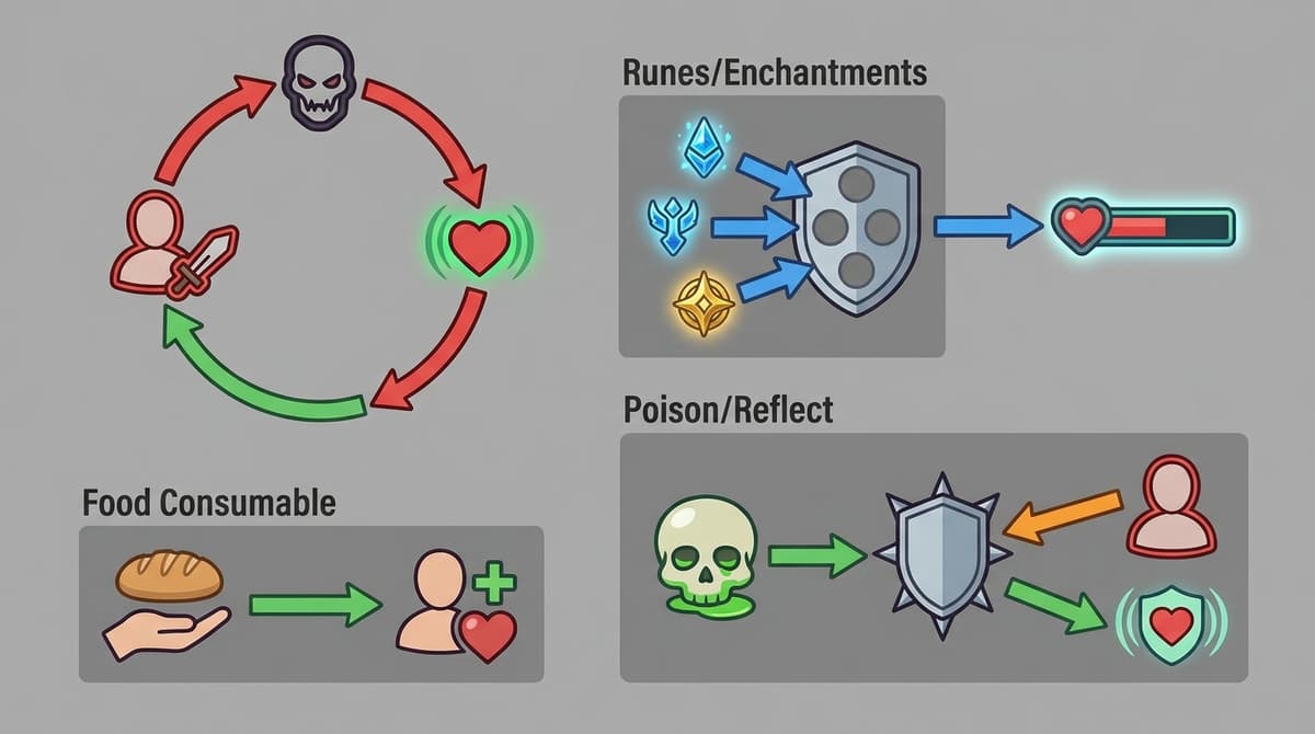 Healing ecosystem and economy loops (icons only).