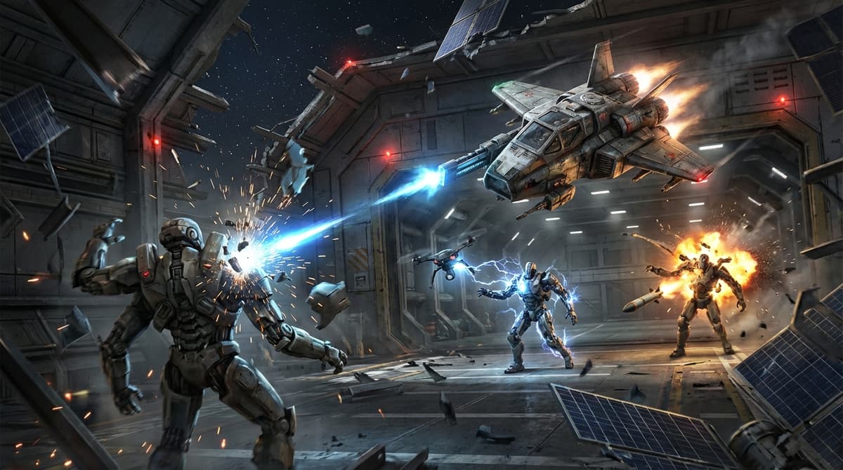 Action scene depicting tactical weapons and effects against robot-heavy enemies.
