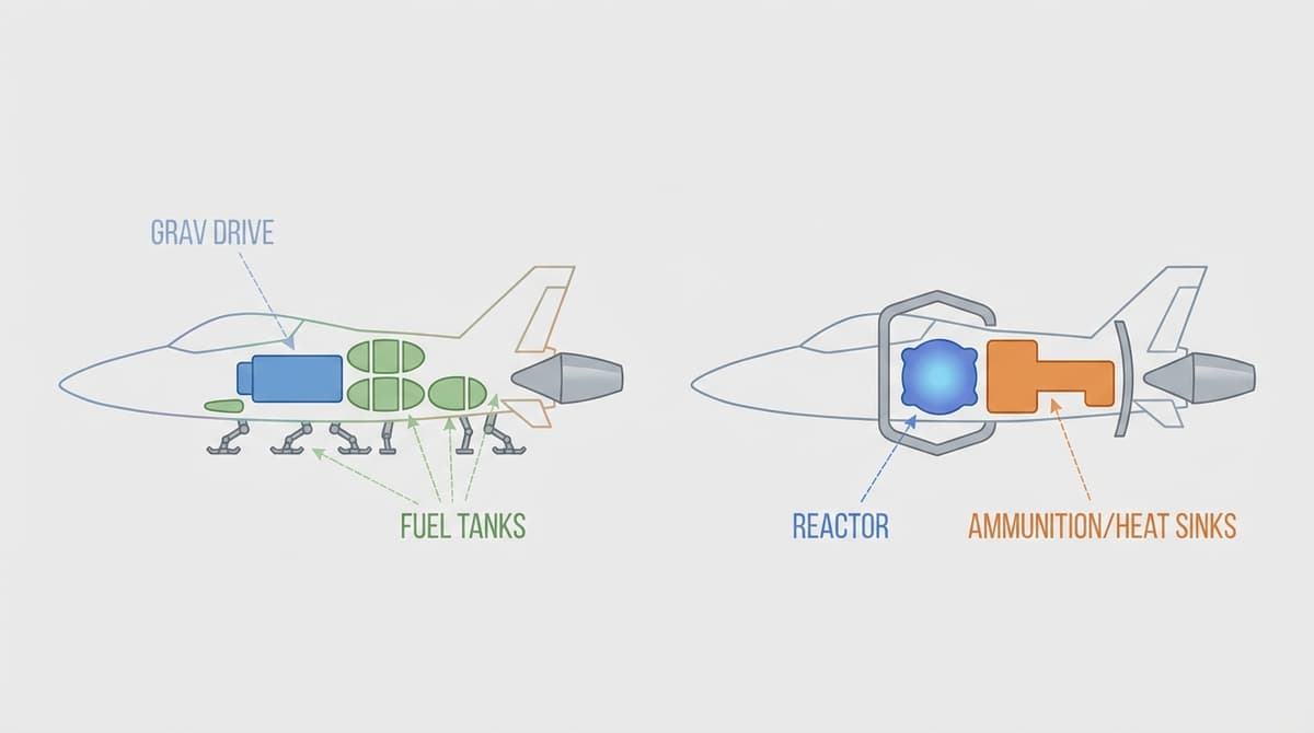 Side-by-side schematic comparing NASA-tactical vs. high-reactor loadouts.