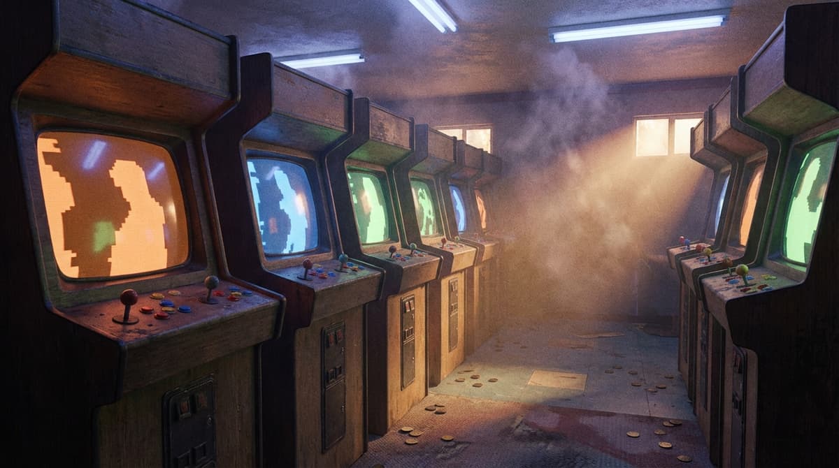 Atmospheric arcade environment evoking the era of his games.