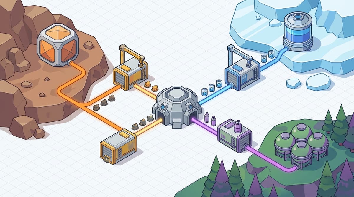 Isometric diagram of cross-outpost storage network and resource flows.