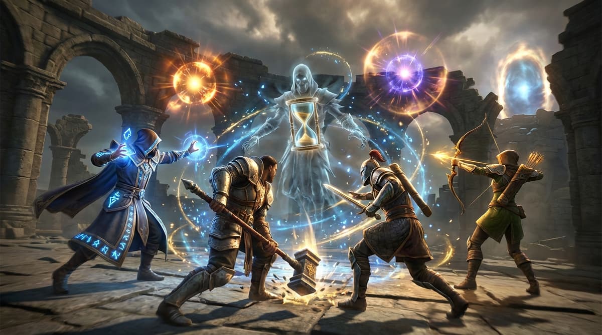 Action illustration of a group engaging the Time Wraith boss, showing the high-XP burst moment.