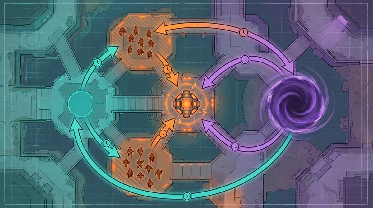 Top-down route map illustrating the optimized loop through hub criminals, bomb defuse, and Time Wraith checks.