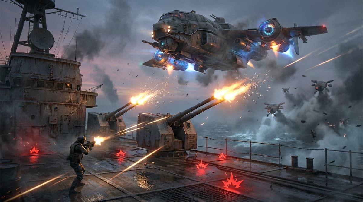 Plane-based boss phase with cannons requiring leading shots.