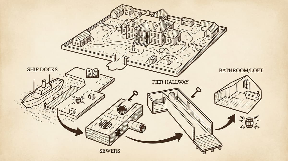 Visual map of how missions and collectibles connect across areas (icon-only, no text).