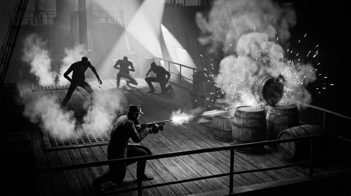 Ship combat vignette featuring barrel explosion mechanics (no text).