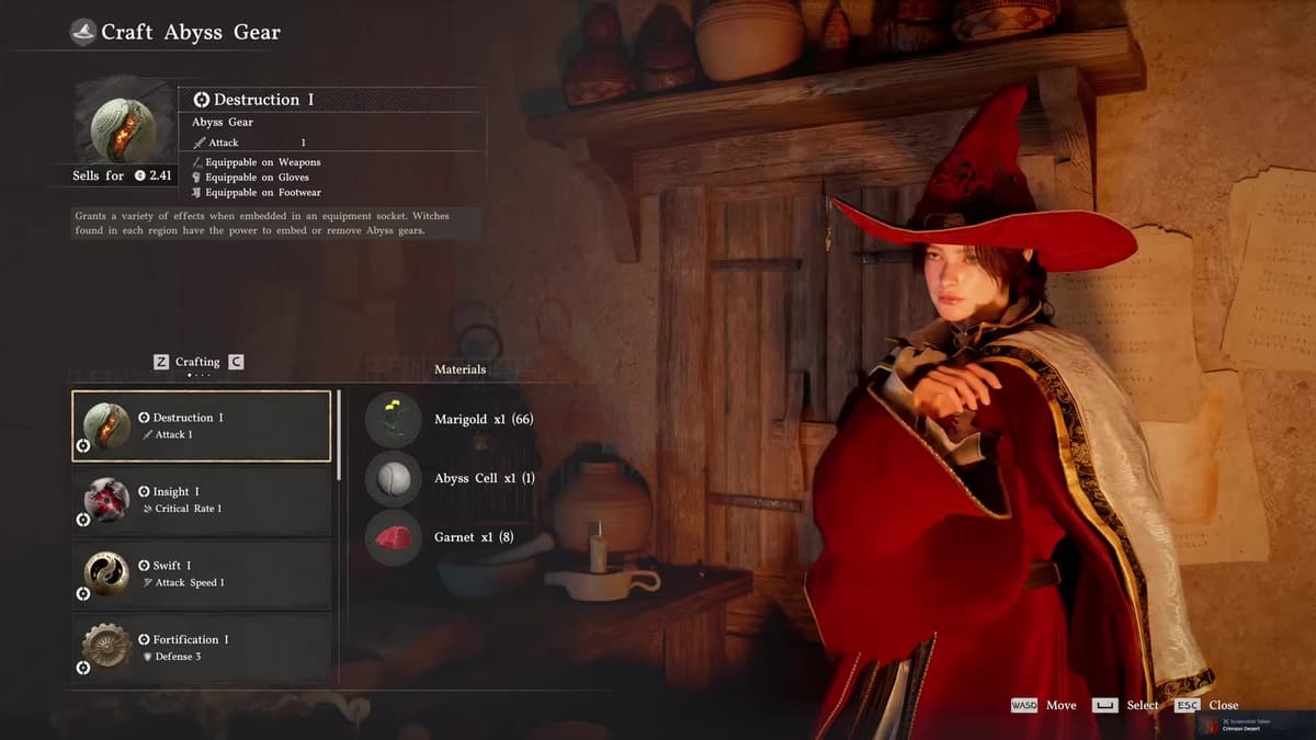Crimson Desert Craft Abyss Gear menu at a witch showing recipes and materials