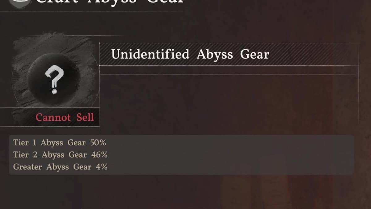 Crimson Desert Abyss Gear fusion odds showing Tier 1 50 percent, Tier 2 46 percent, Greater 4 percent