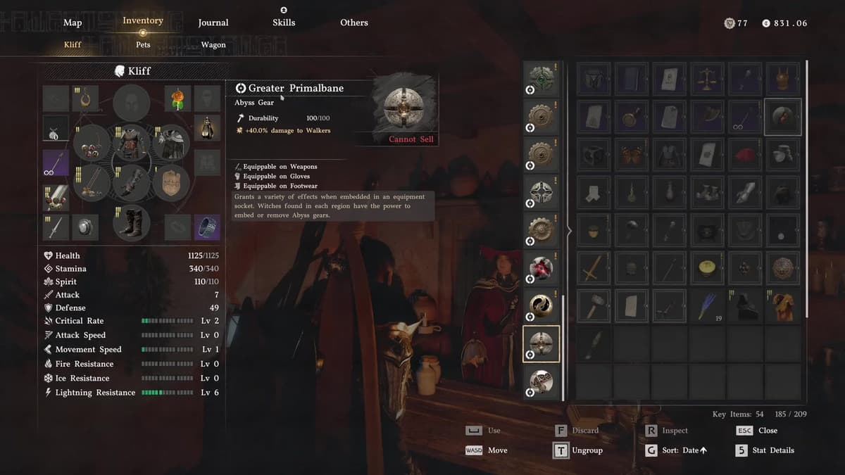 Crimson Desert Greater Primalbane Abyss Gear showing 100 of 100 durability and plus 40 percent damage