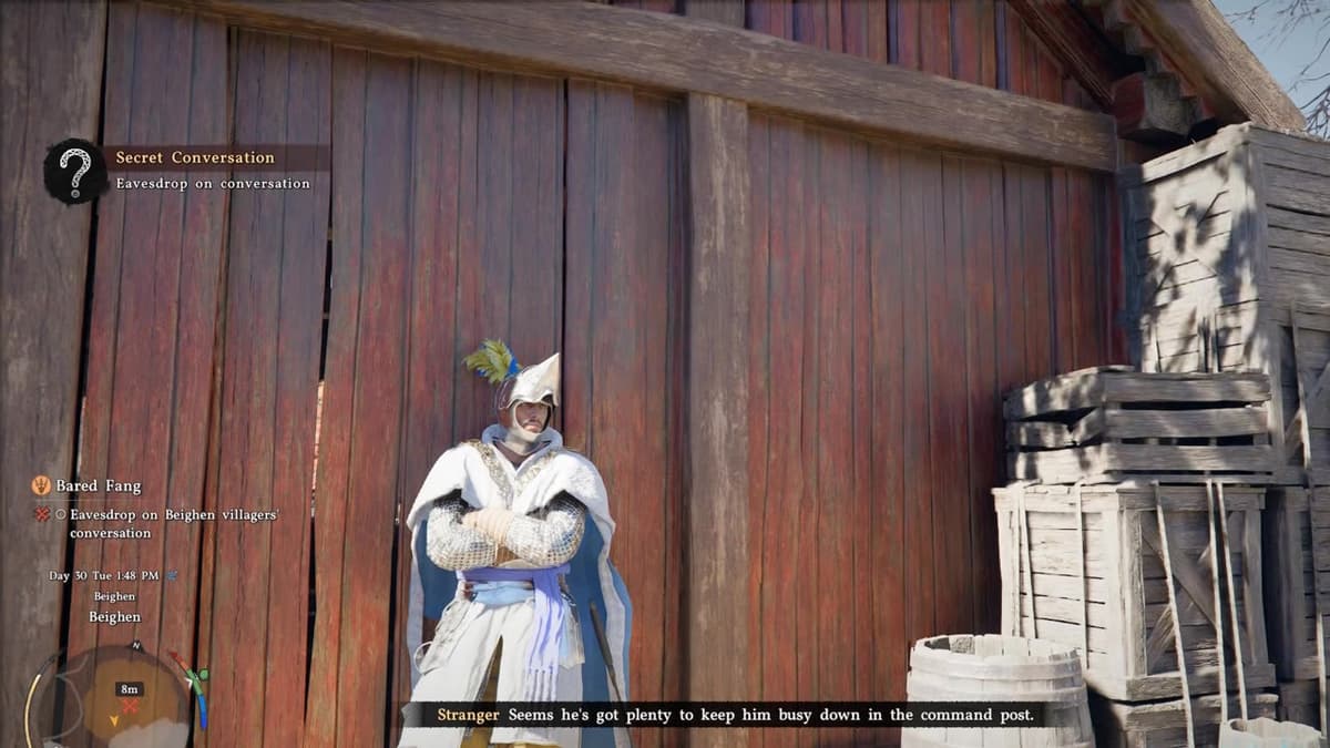 Eavesdropping on Beighen villagers' conversation against the barn wall in Crimson Desert Bared Fang