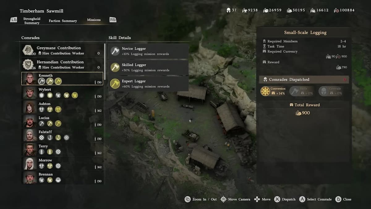 Crimson Desert dispatch mission board assigning comrades to a Small-Scale Logging mission