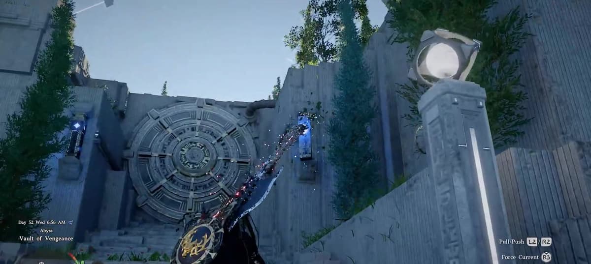 A Crimson Desert Abyss puzzle in the Vault of Vengeance, using Force to move a block onto a stone mechanism.