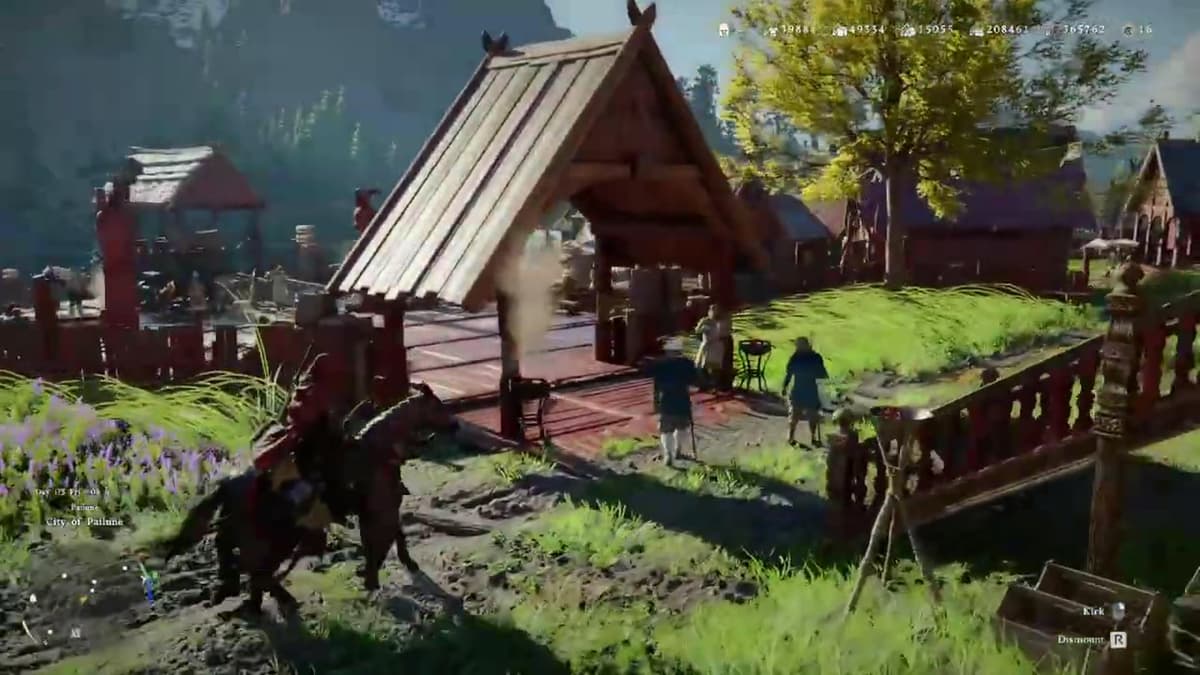 Gate of the relocated Greymane camp at Pailune with NPCs and farmland in Crimson Desert