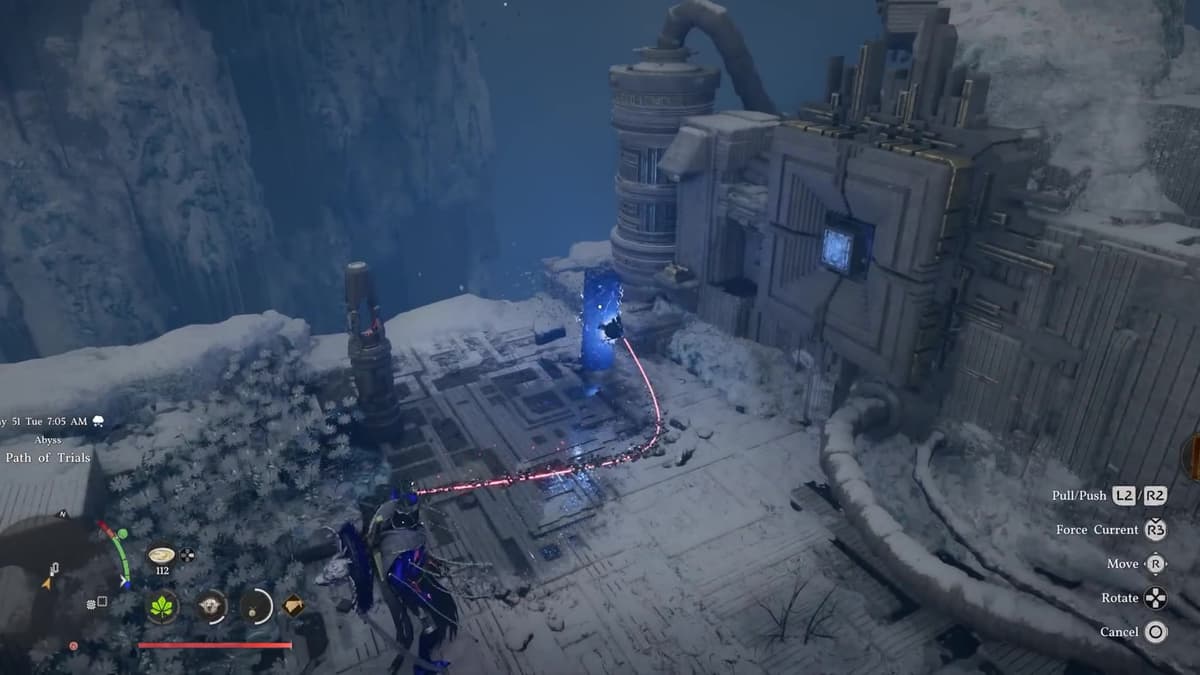 Pulling the frozen power core with Axiom Force at the Abyss mechanism in Crimson Desert Path of Trials