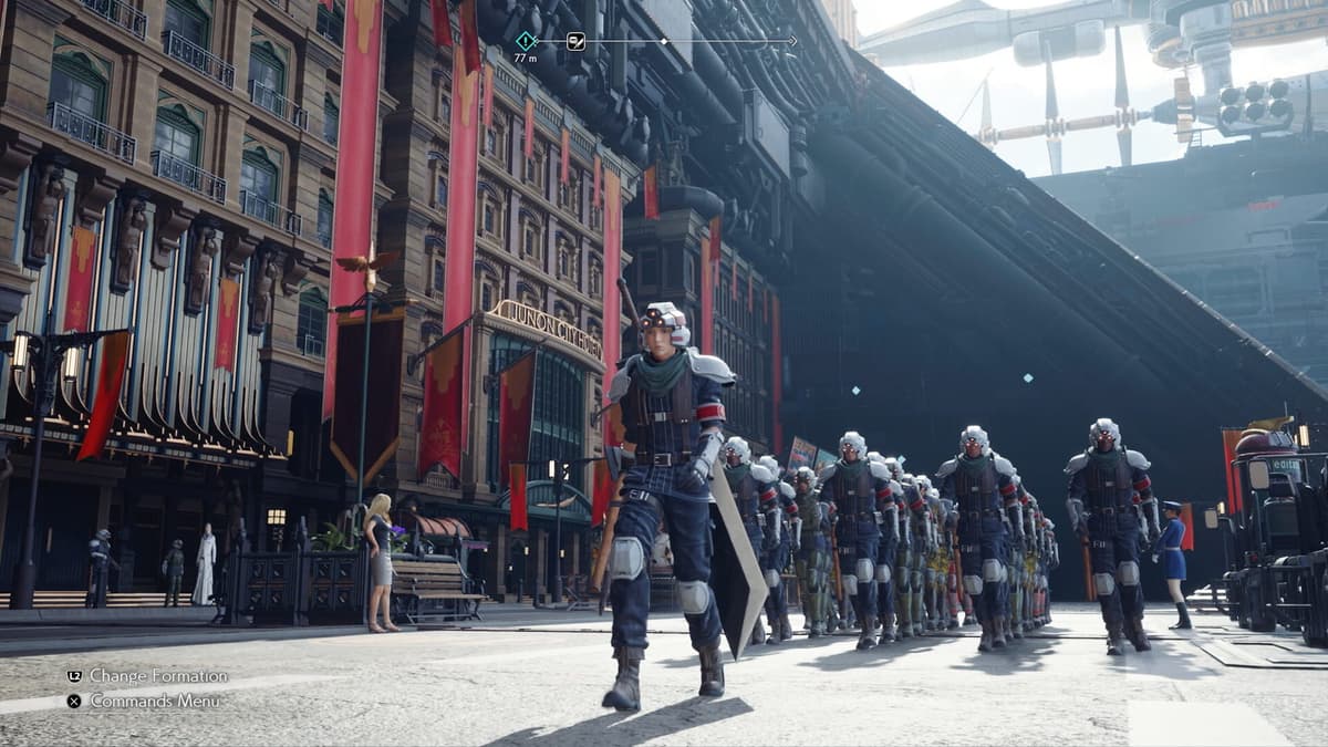Cloud marches in the Junon parade in Final Fantasy VII Rebirth.