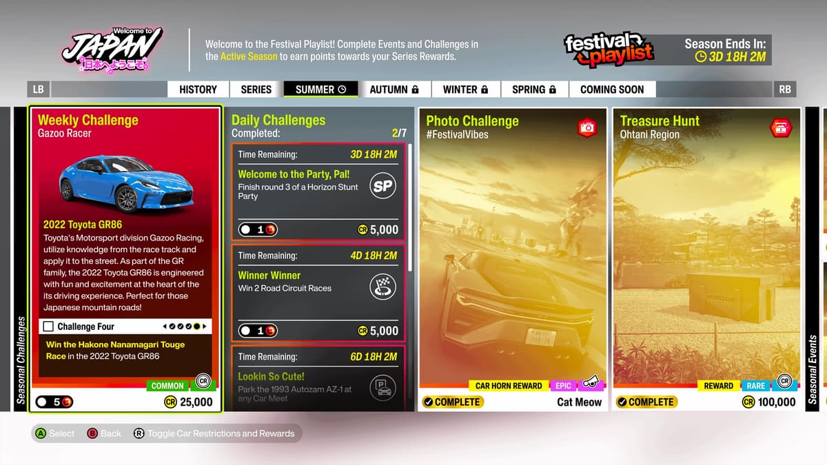 Forza Horizon 6 Festival Playlist screen with the Horizon Stunt Party daily challenge