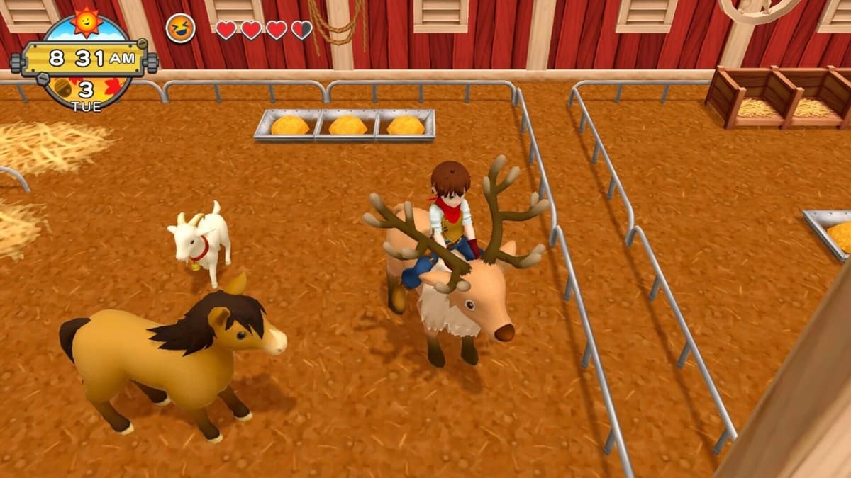 Ranch animals in the barn: reindeer, horse, and goat all feed into your daily setup.