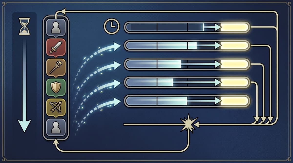Concept diagram contrasting turn-based order vs ATB (icon-only)