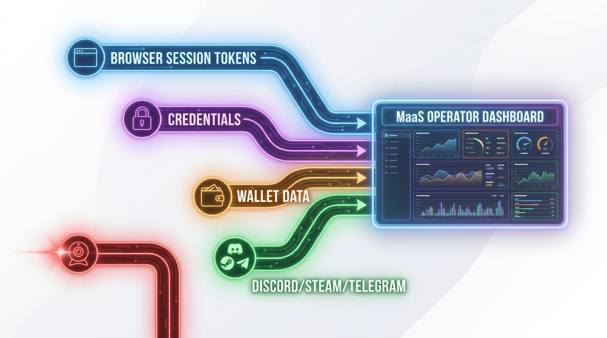 Data theft and webcam compromise workflow overview (icons only)
