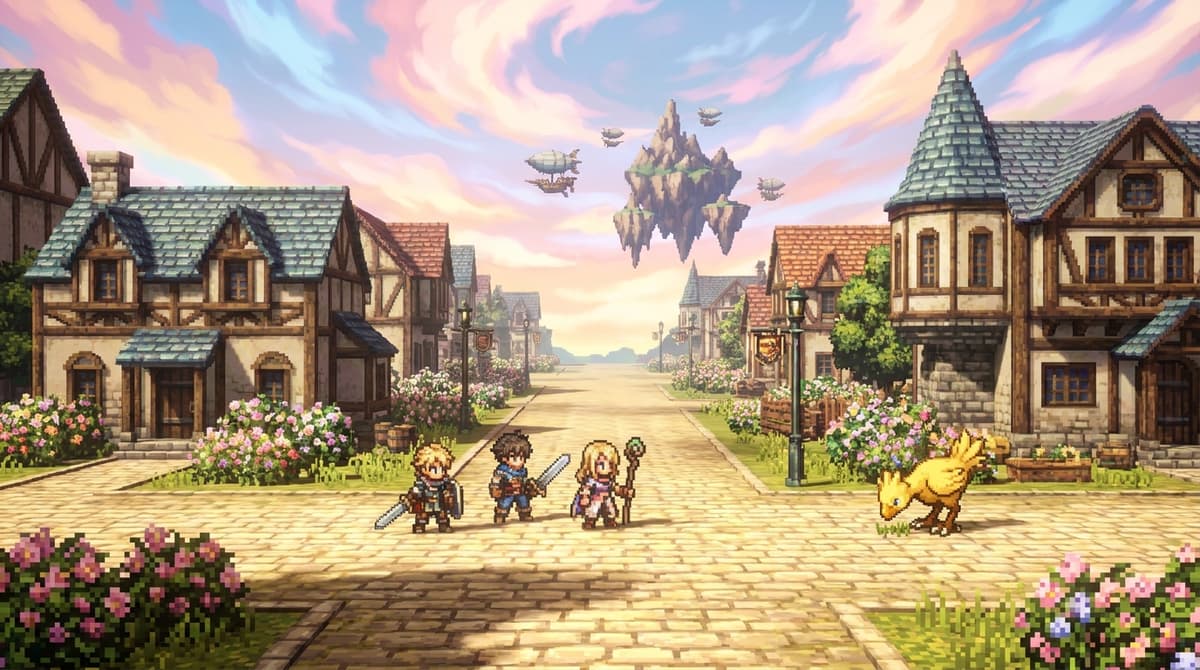 HD-2D overworld with familiar Final Fantasy icons