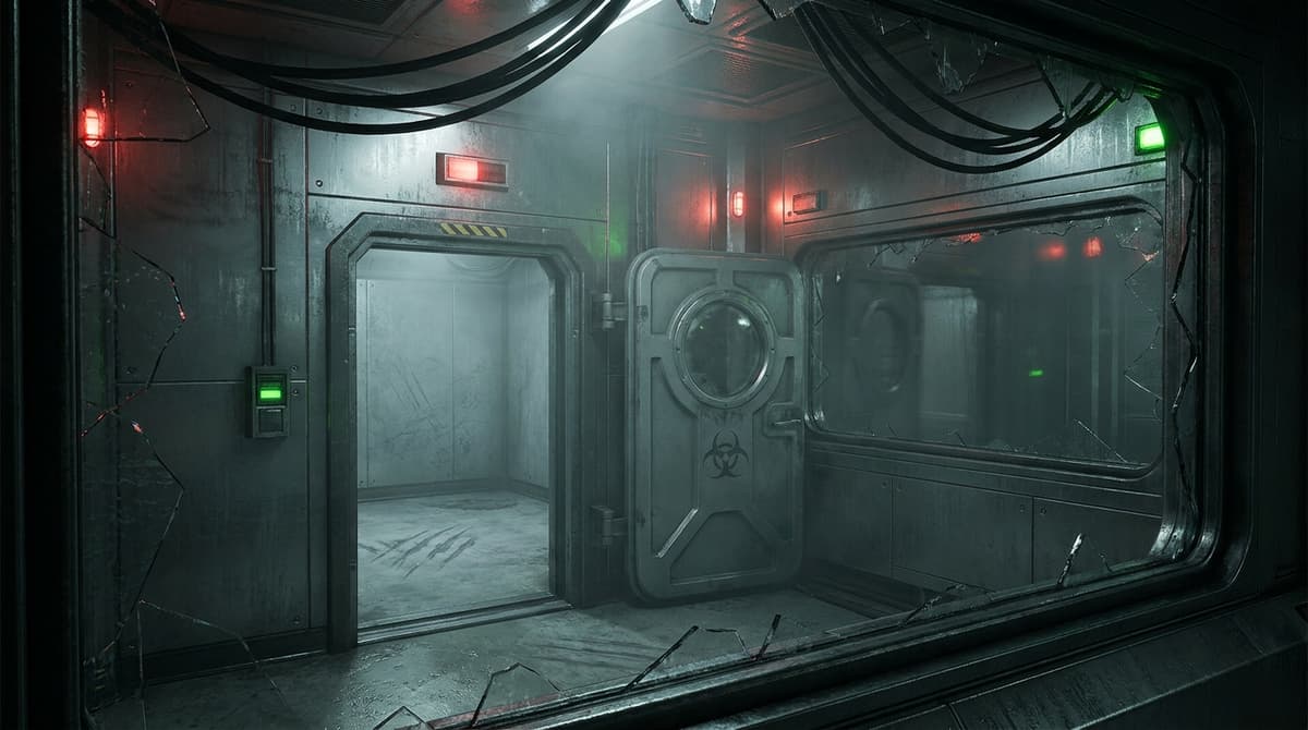 Corporate-horror lab atmosphere with xenomorph containment cues