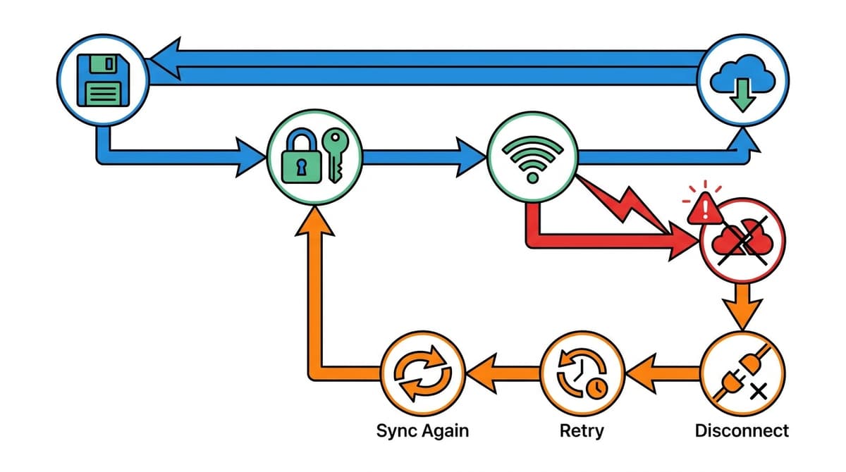 Visualizing how cloud saves can fail and where workarounds intervene.