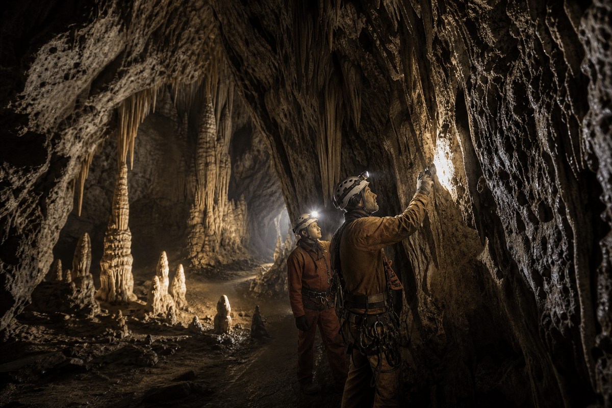 Inside the cave: stalactites, safety gear, and investigative lighting.