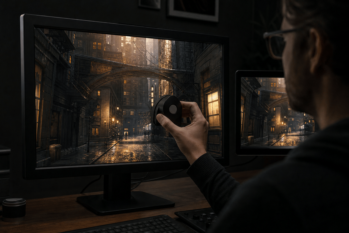 Expert review/workflow scene implying artists can validate and steer AI-assisted rendering.