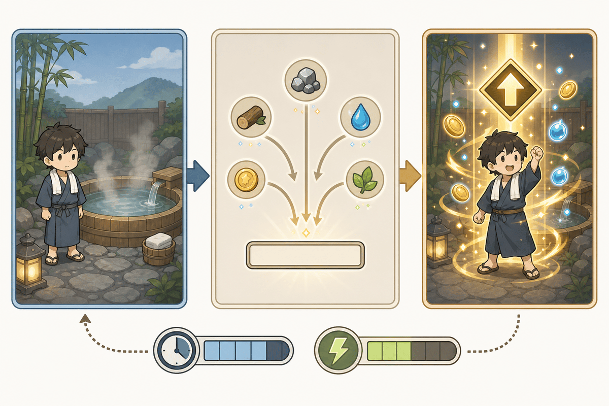 Visual loop of idle progression and how beginner tips accelerate it