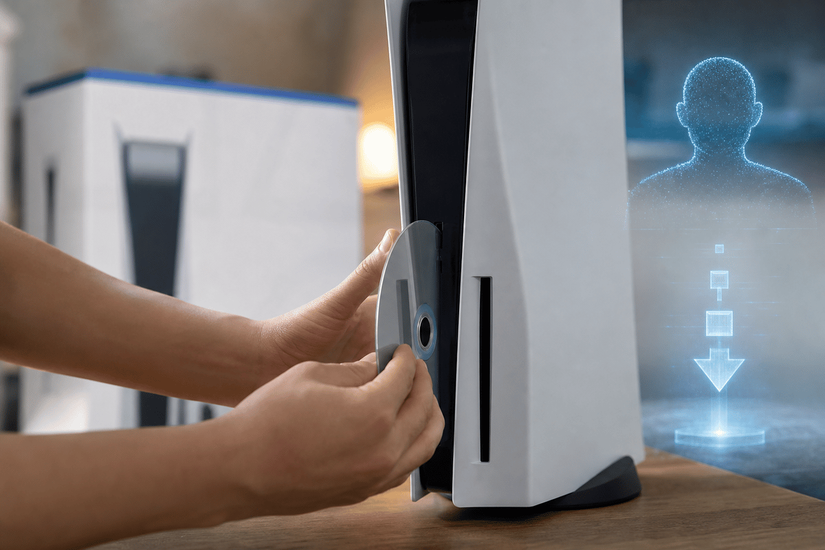 A realistic scene emphasizing the physical disc workflow and the looming need for digital access.
