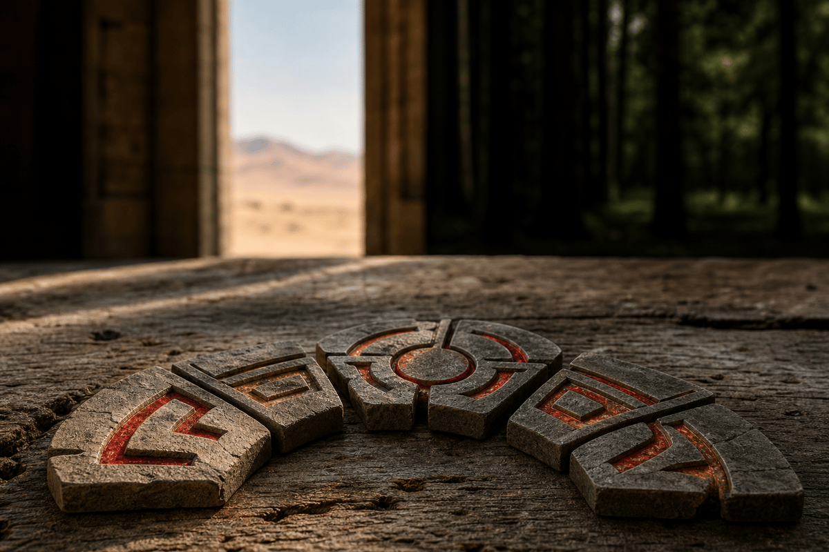 Detail image of puzzle components and their interplay of crimson and duskwood lighting.