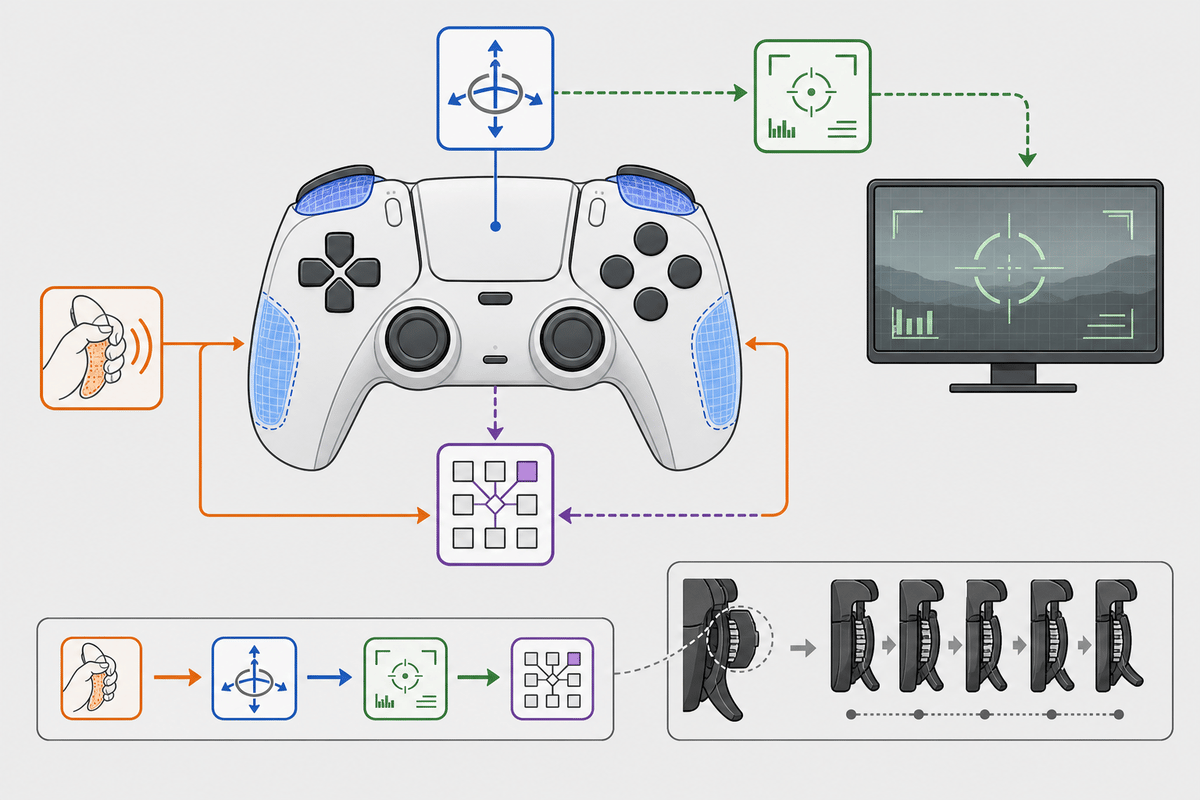 System diagram: Grip Sense input driving gyro overlay shortcuts.