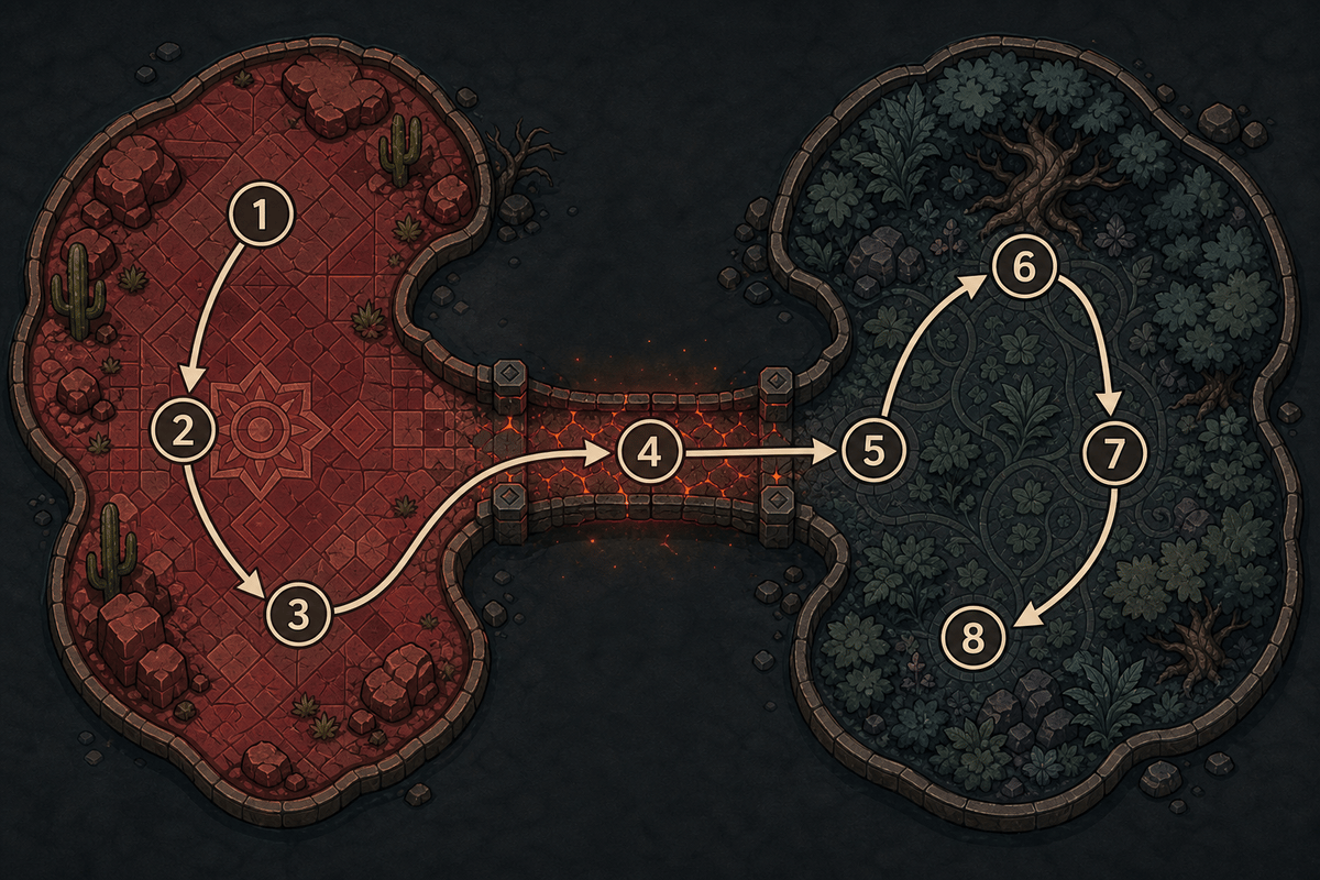 Clear overview diagram of the puzzle flow across desert and forest zones.