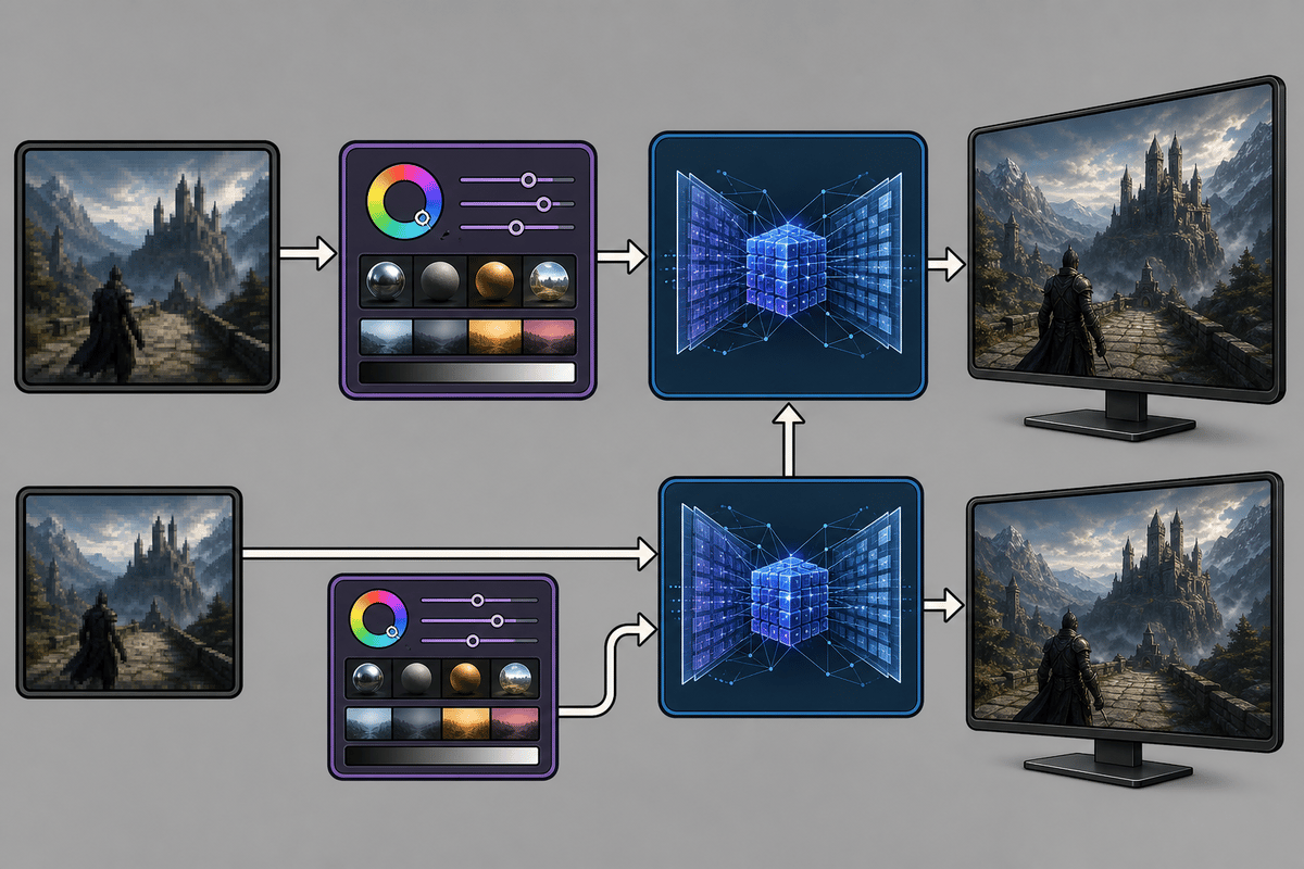 Pipeline diagram showing how AI upscaling can be guided by art-direction constraints rather than overriding them.