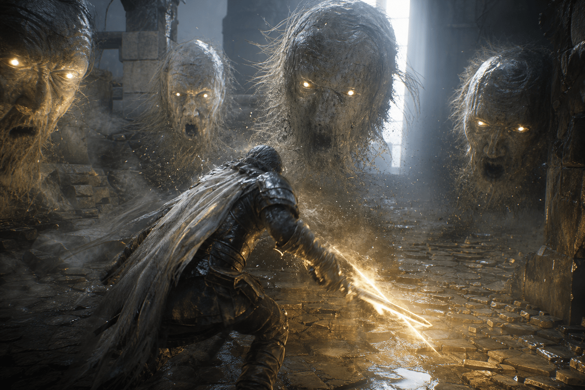 Action-oriented encounter scene illustrating how visages appear during combat.