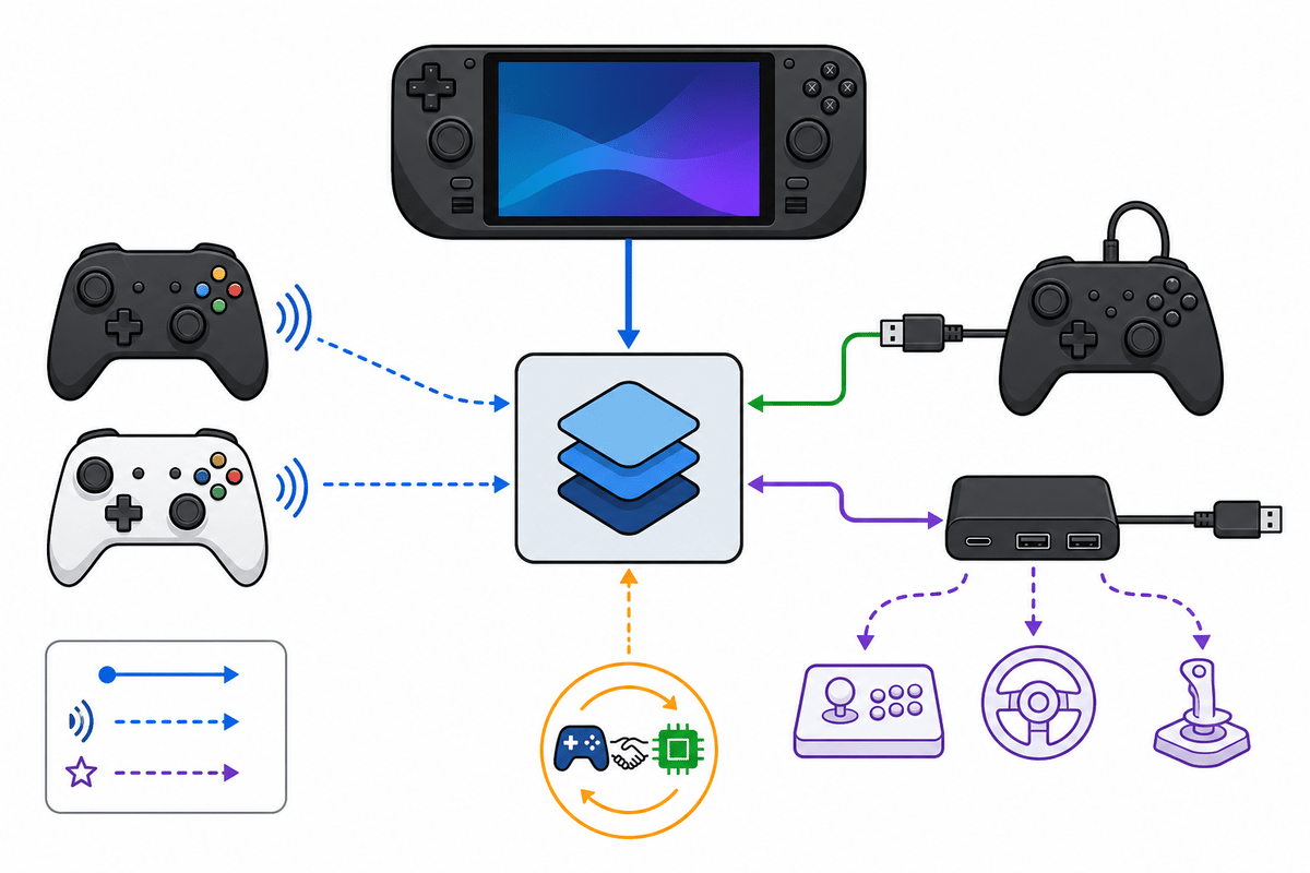 Compatibility flow diagram from various controllers to SteamOS input layer.
