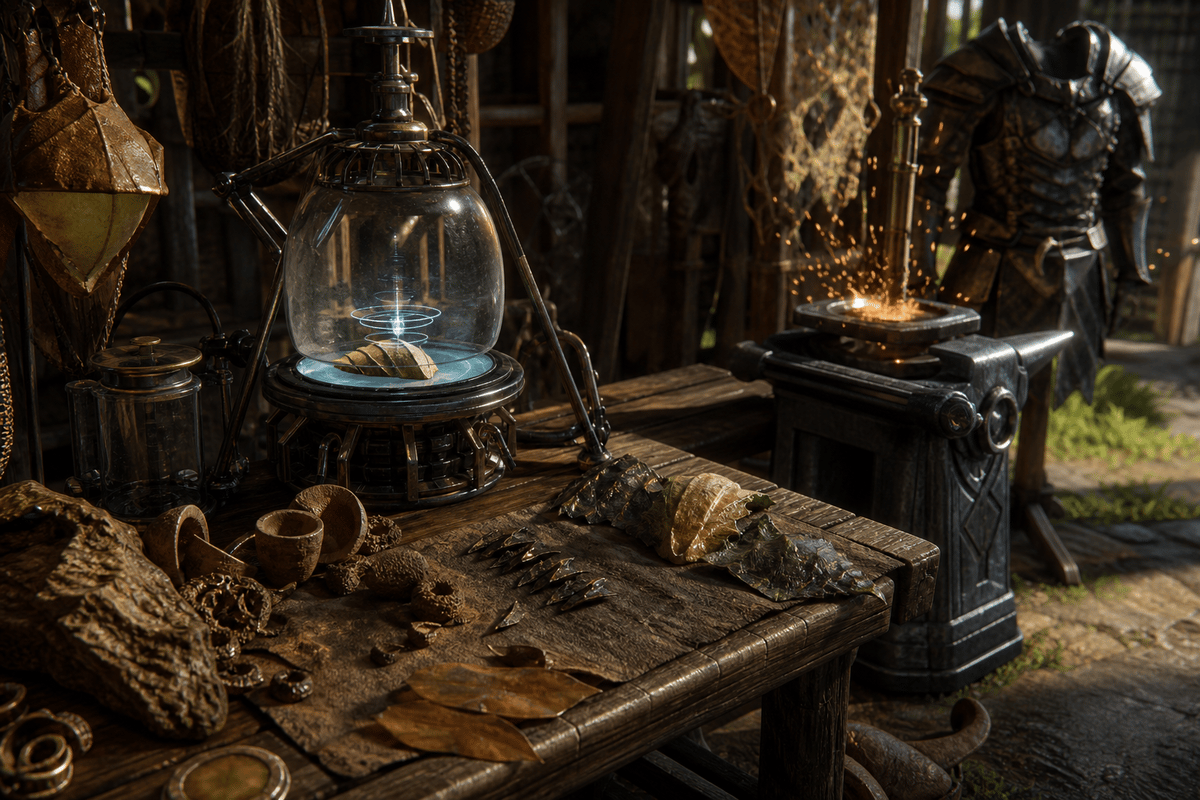 Workbench and smithing setup for crafting armor from collected materials.