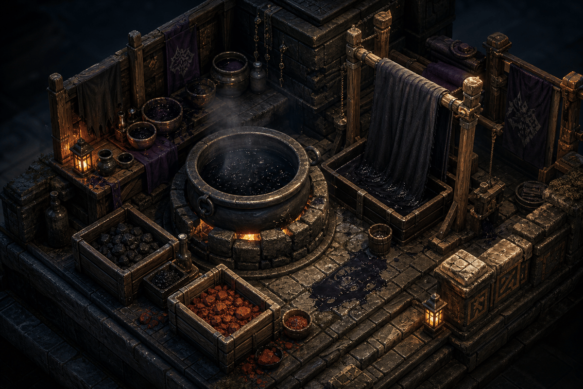 Isometric crafting view showing black dye application to cloth.