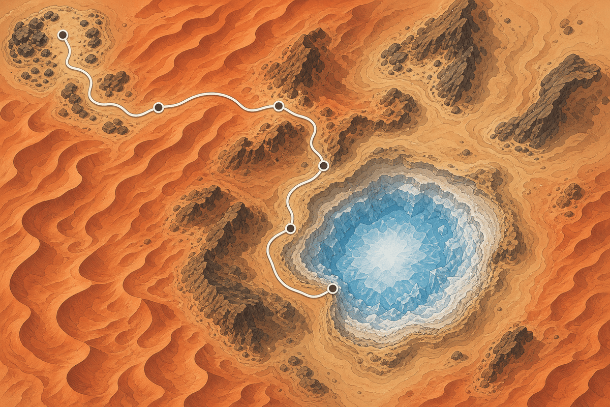 Clean schematic of the ice cradle location and a walkthrough route across crimson desert terrain.