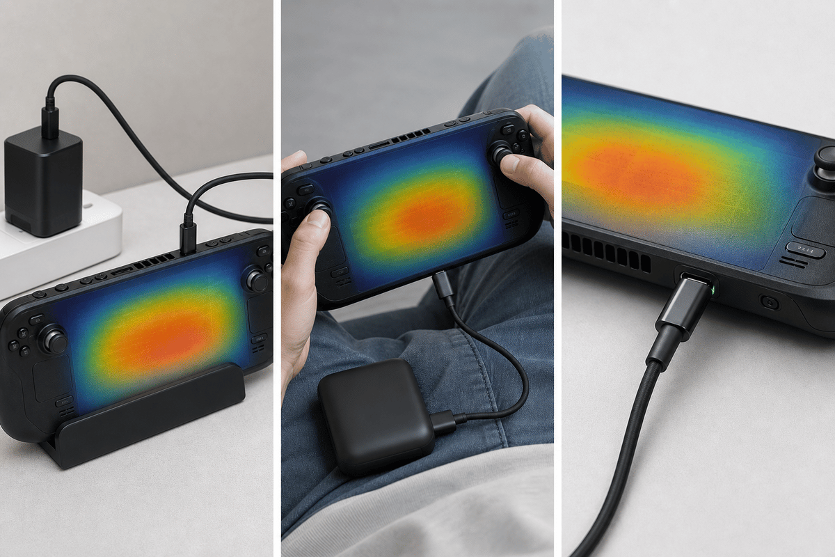 Travel charging setups and thermal risk visualization.