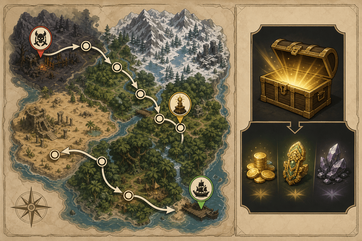 Visual walkthrough flow and reward concept for Expedition 33.